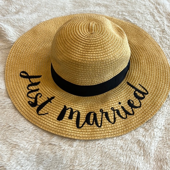 CC Exclusives Just Married Wide Brim Straw Floppy Hat with Ribbon Band - Picture 4 of 7